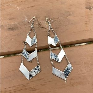 Large hook earrings, silver with snakeskin print